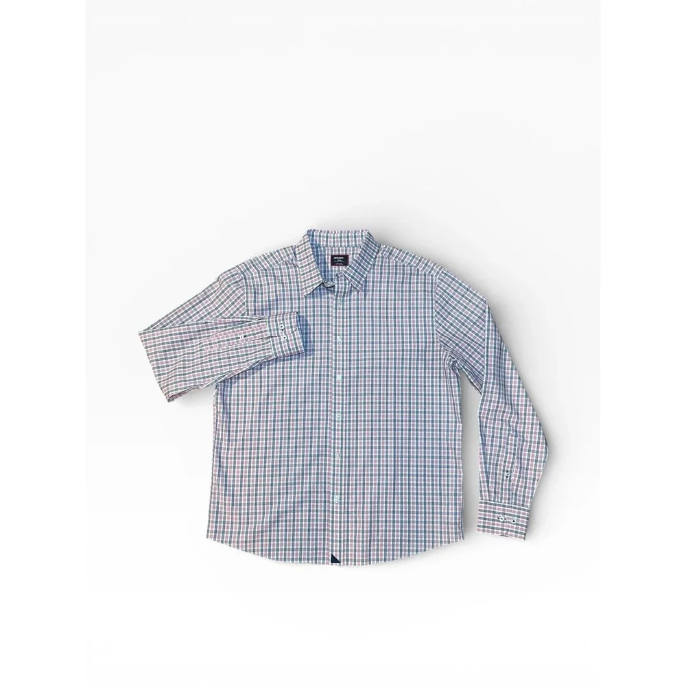 Untuckit Reg Fit Wrinkle Free Mens Large‎ Blue Pink Check Button Up Long Sleeve